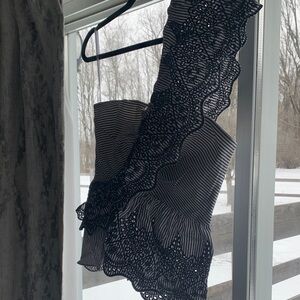 BCBGMaxAzria Blue and White one Shoulder top eyelet detail.